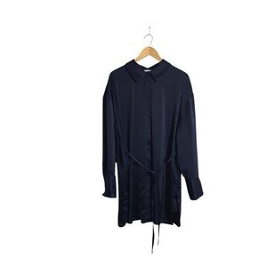 House Of Harlow XL‎ Navy Blue Satin Button Front Shirtdress Tie Waist Minimalist